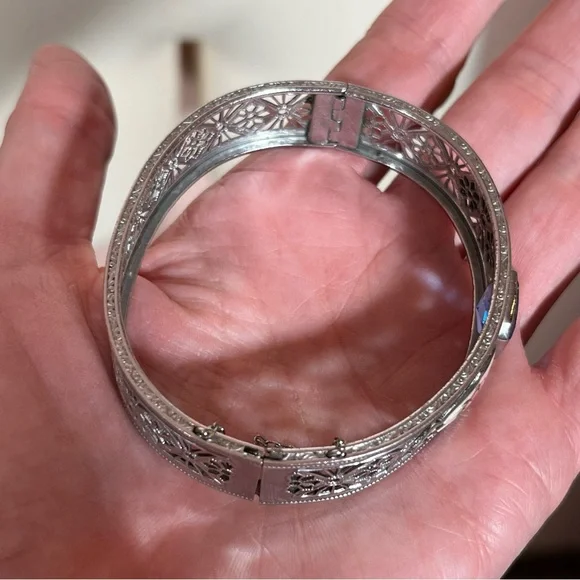 Vintage antique Victorian Art deco Silver Filagree Rose Enamel Blue Bracelet - Picture 15 of 17